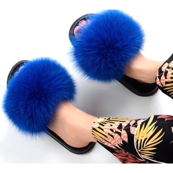 Valpeak  Slippers Slides Women Open Toe Fuzzy Girls Fluffy ,Women, Blue,  8-9 - Picture 5 of 6